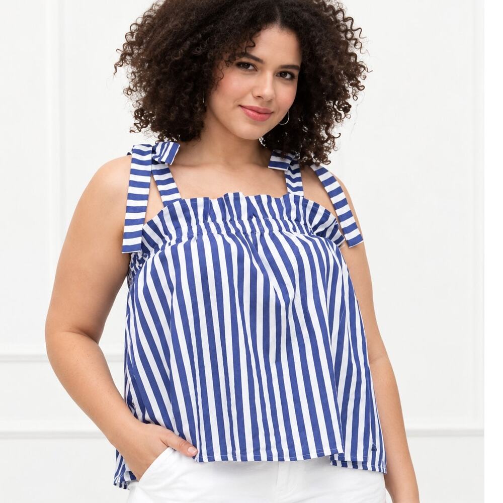 Eloquii Striped Tank Womens Size 18 Blue White Tie Straps Ruffled Swing Top